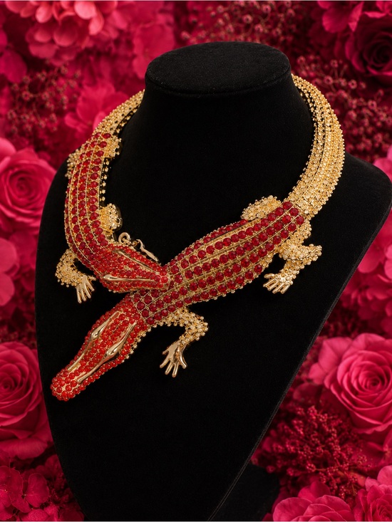 Jewelry - Gold-tone Red Crystal Alligator Statement Necklace